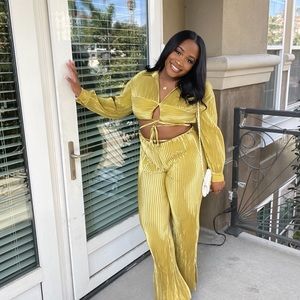 carli bybel x missguided mustard plisse wrap around fit and flare pants